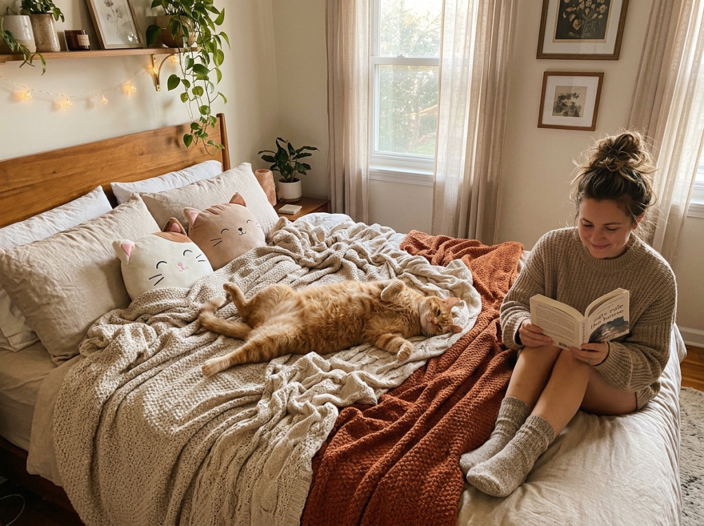A ginger cat stretched across most of the bed while its owner reads