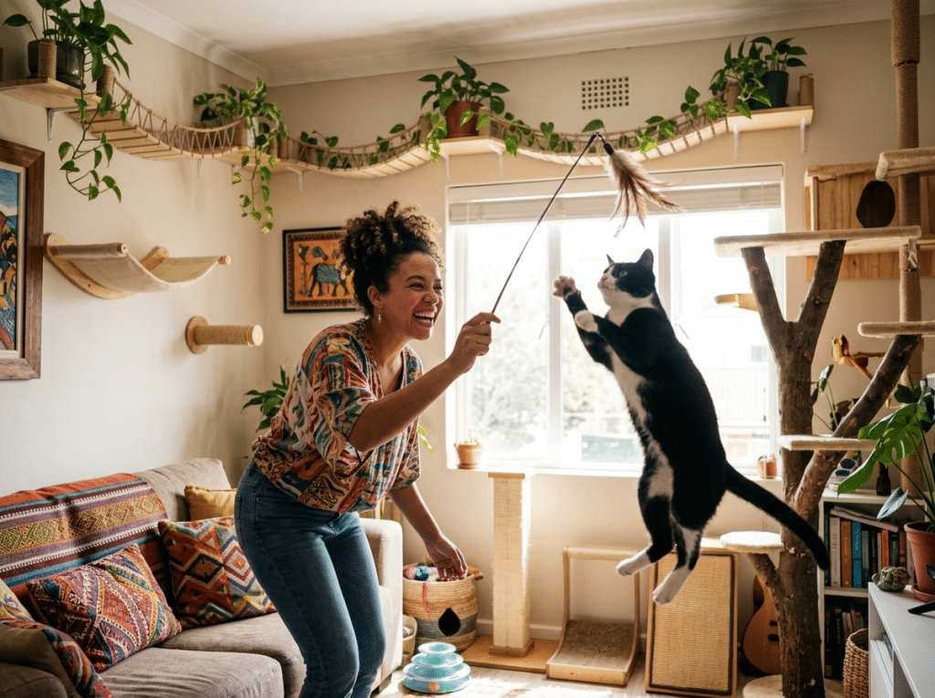 A black-and-white cat leaping for a feather wand in a cat-shelf living room
