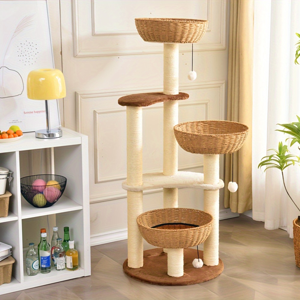 Modern Wood Cat Tree Tower with 3 Rattan Nests – Crazy Cat Ladies