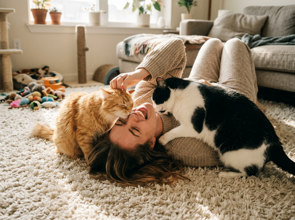 Two cats sprawled over their laughing cat mom on a shaggy rug
