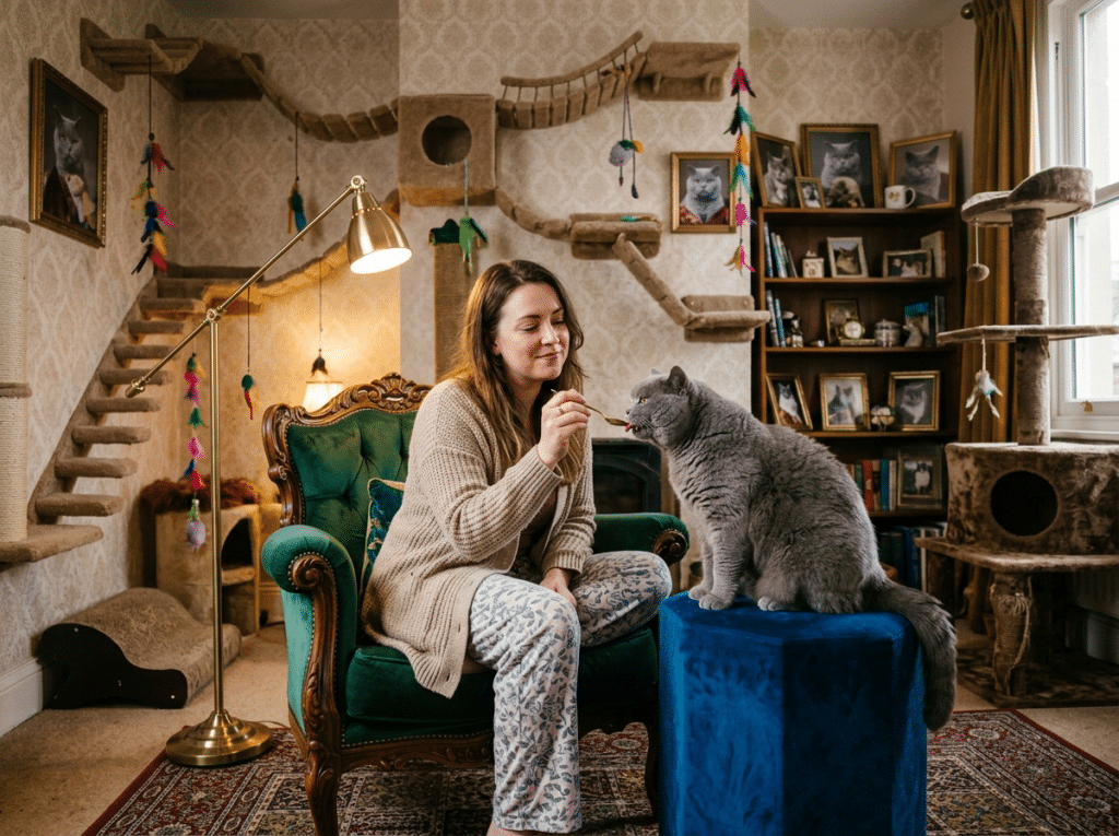 A grey cat perched like royalty on a velvet stool beside her smiling cat mom