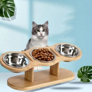 Bamboo Elevated Cat Bowl Stand with 3 Steel Bowls – Crazy Cat Ladies