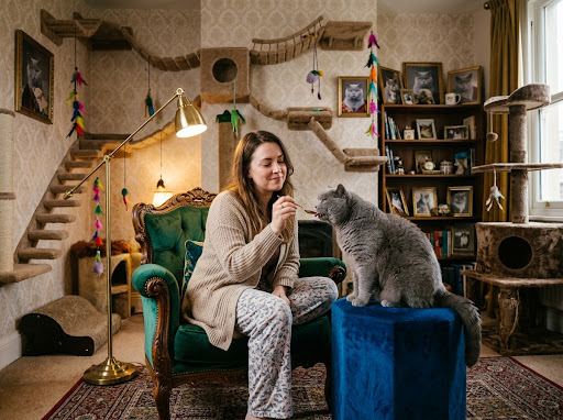 A cat being treated like royalty, served a gourmet meal by her doting cat mom